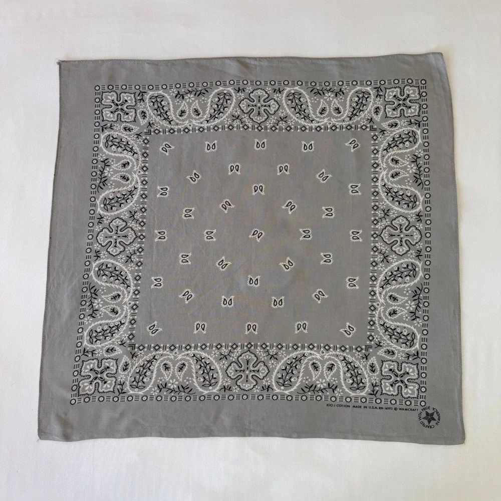 Vintage Wamcraft Grey Bandana 1980s Paisley 100% Cotton Made in USA RN 14193